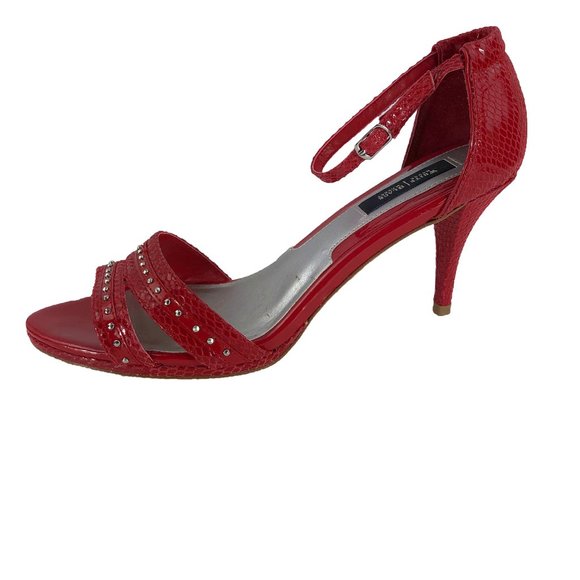 WHBM Jenevieve red leather strappy embellished sandal heels SZ 9 - Picture 2 of 12